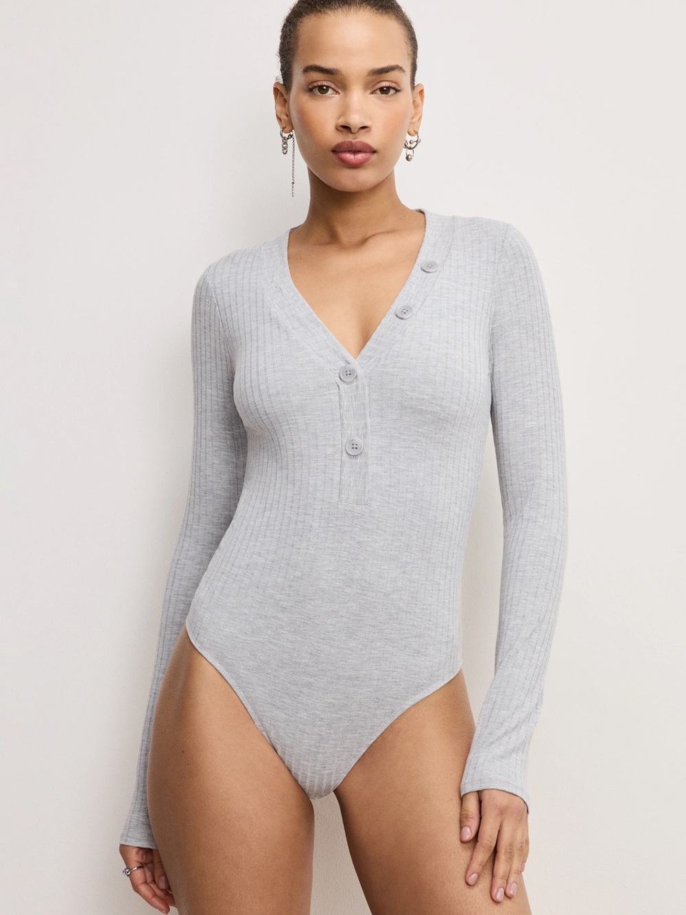 Good American Light Gray Ribbed Long Sleeve Bodysuit